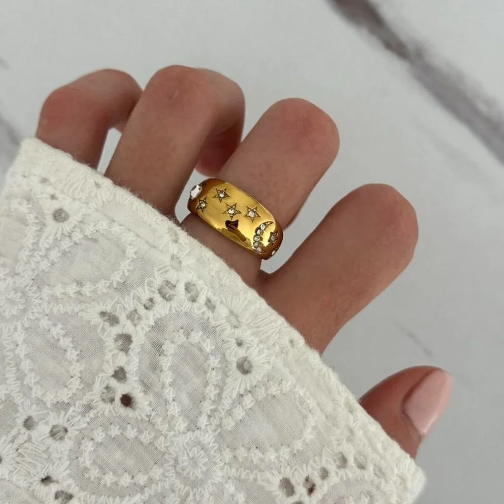 SKU:0113 gold ring zircon stone vintage vibe‎ moon stars sun stainless steel